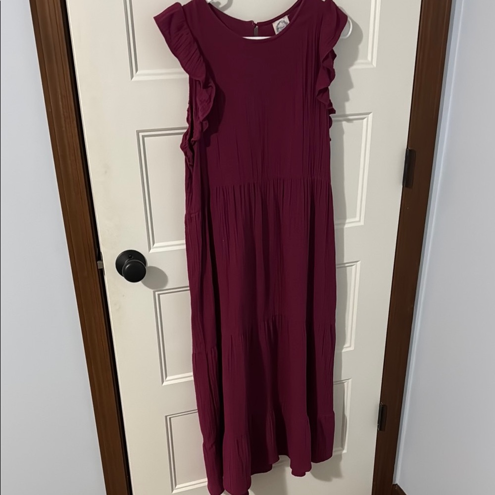 Blue Rain Red Ribbed Midi Sundress with Flutter Sleeves